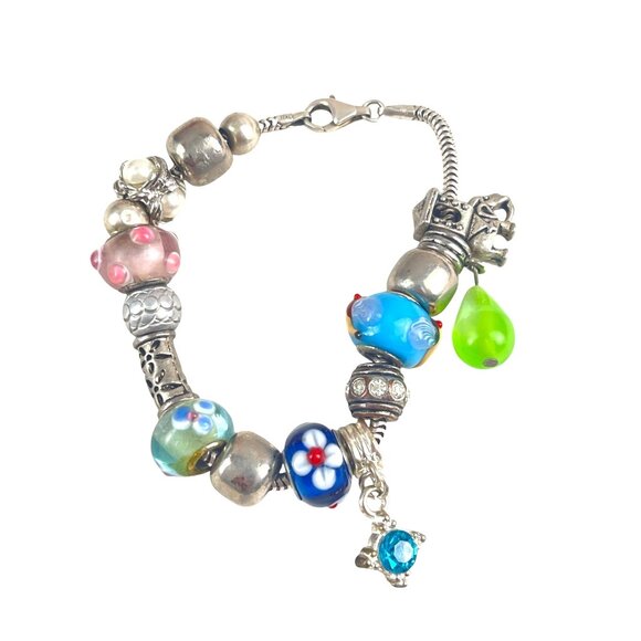 Sterling Silver Italian Chain Charm Bracelet Colorful Glass Beads Elephant Star - Picture 4 of 8